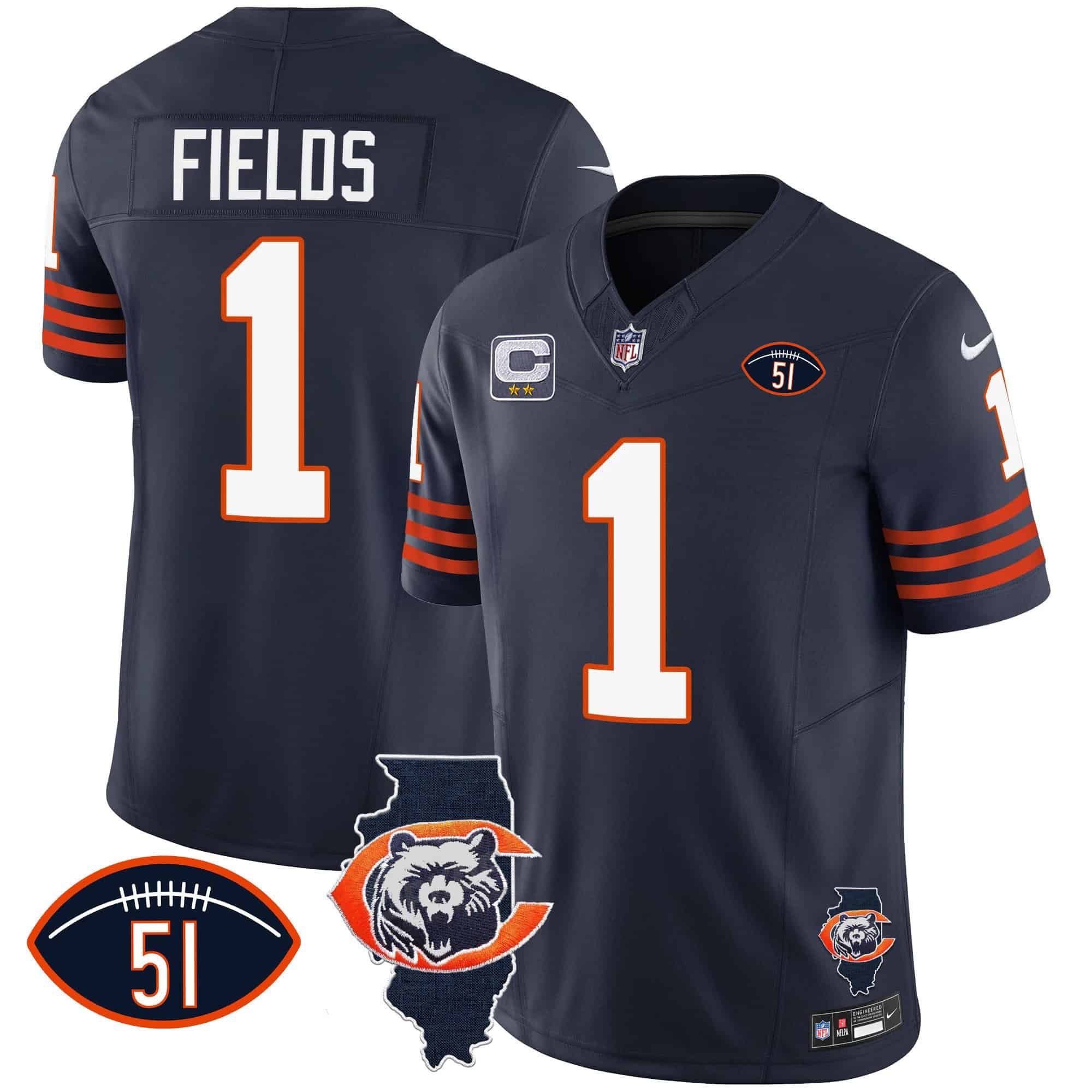 Men Chicago Bears #1 Fields Blue 2024 Nike Throwback Illinois Patch Vapor NFL Jersey style 1